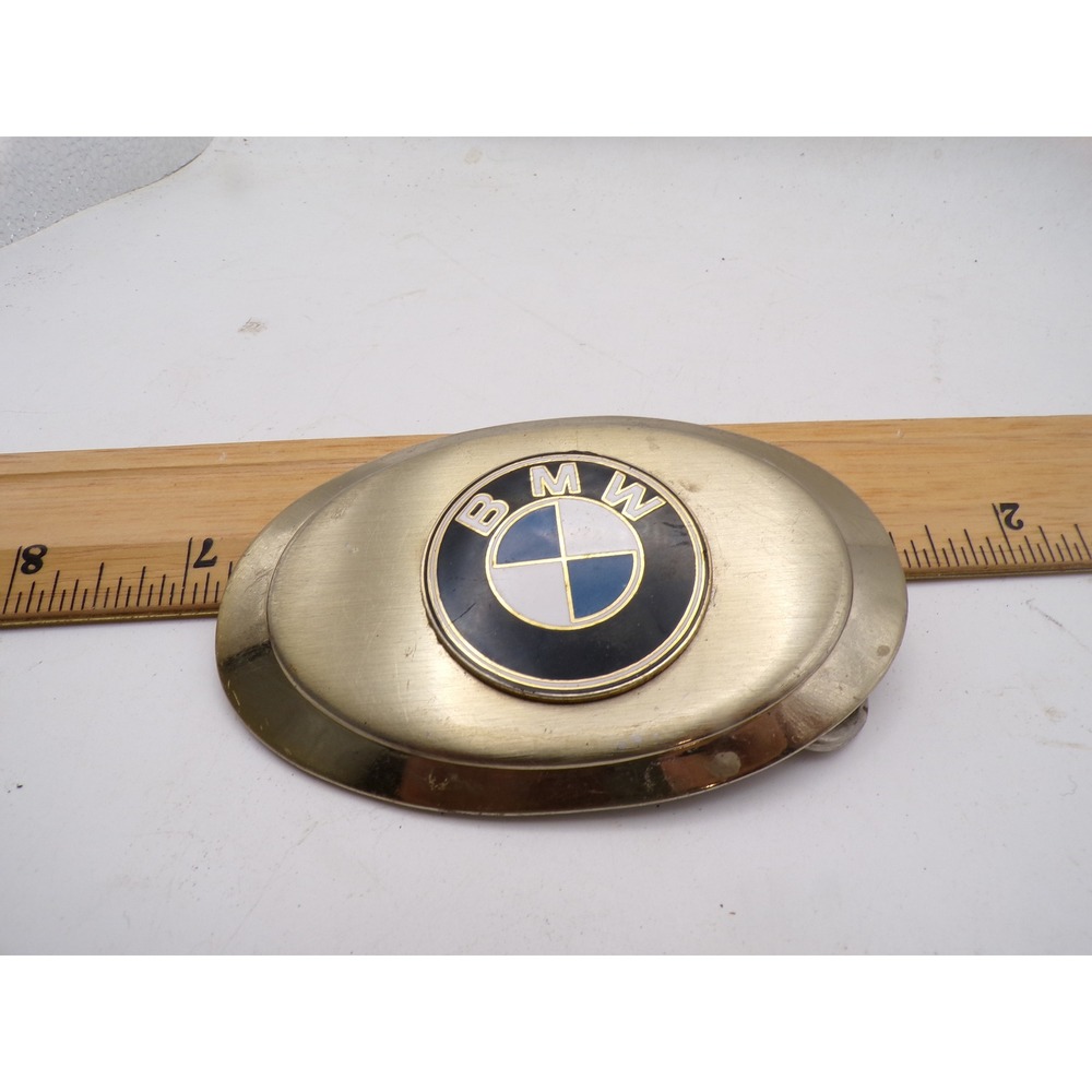 Vintage BMW Belt Buckle Gold Tone Oval Blue White Roundel Logo Auto Accessory